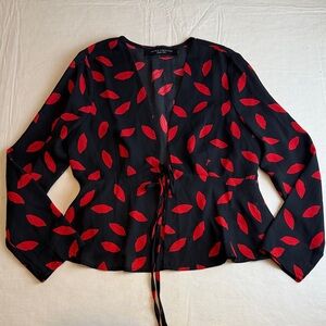 AKIRA Chicago Black Label Black Red Lip Motif Tie Front Peplum Top Size S